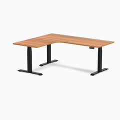 Desky L-Shape Curved Laminate Sit Stand Desk, Prime Oak desktop, Matte Black frame