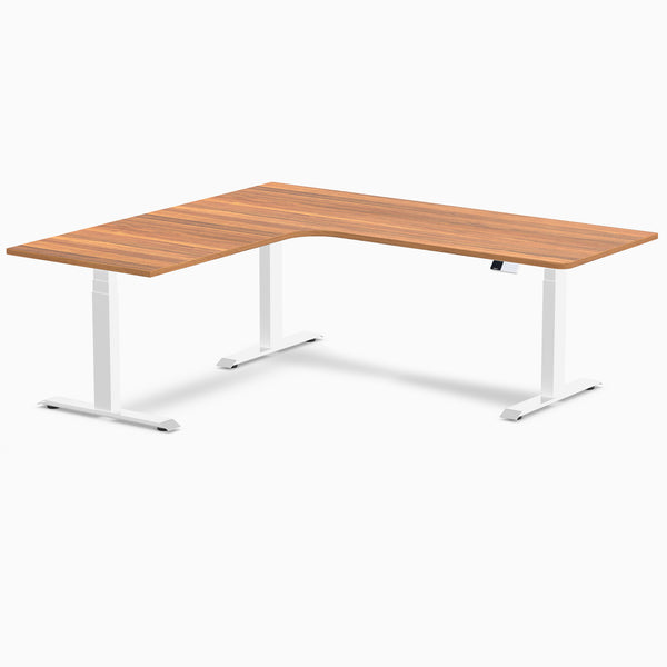 Desky L-Shape Curved Laminate Sit Stand Desk, Prime Oak desktop, White frame