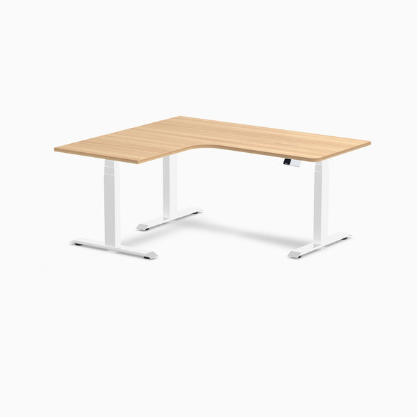 Desky L-Shape Curved Laminate Sit Stand Desk, Sublime Teak desktop, White frame