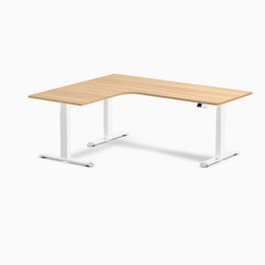 Desky L-Shape Curved Laminate Sit Stand Desk, Sublime Teak desktop, White frame