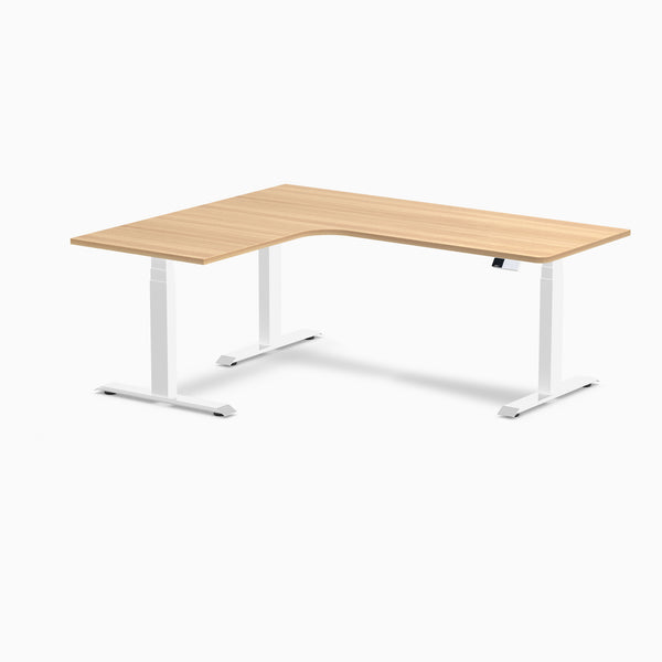 Desky L-Shape Curved Laminate Sit Stand Desk, Sublime Teak desktop, White frame