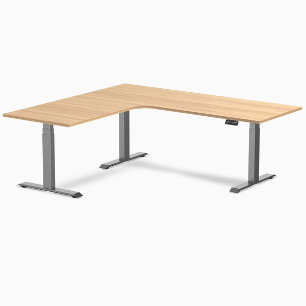 Desky L-Shape Curved Laminate Sit Stand Desk, Sublime Teak desktop, Space Gray frame