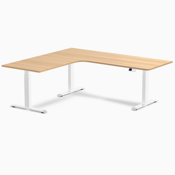 Desky L-Shape Curved Laminate Sit Stand Desk, Sublime Teak desktop, White frame