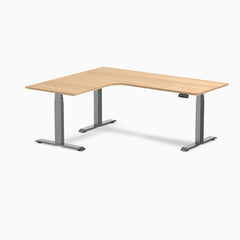 Desky L-Shape Curved Laminate Sit Stand Desk, Sublime Teak desktop, Space Gray frame
