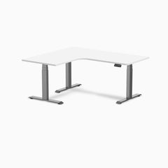 Desky L-Shape Curved Laminate Sit Stand Desk, White desktop, Space Gray frame