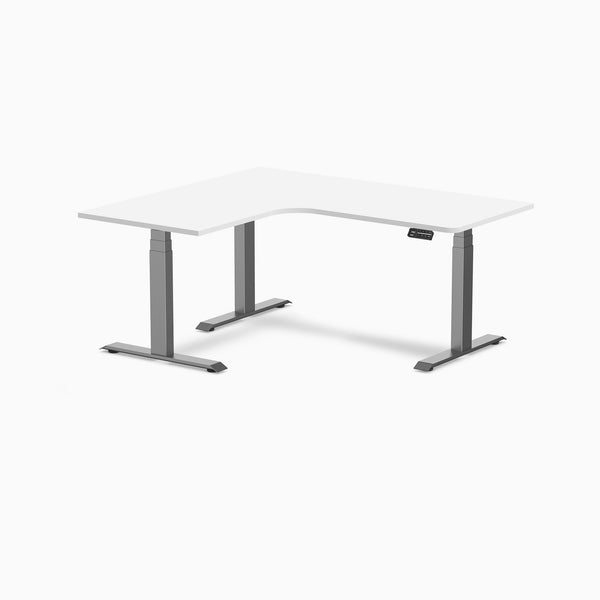 Desky L-Shape Curved Laminate Sit Stand Desk, White desktop, Space Gray frame