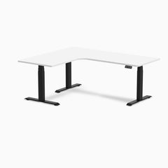 Desky L-Shape Curved Laminate Sit Stand Desk, White desktop, Matte Black frame