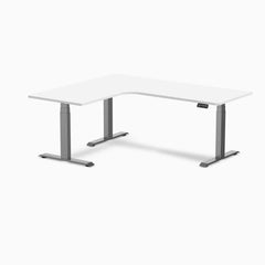 Desky L-Shape Curved Laminate Sit Stand Desk, White desktop, Space Gray frame