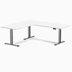 Desky L-Shape Curved Laminate Sit Stand Desk, White desktop, Space Gray frame