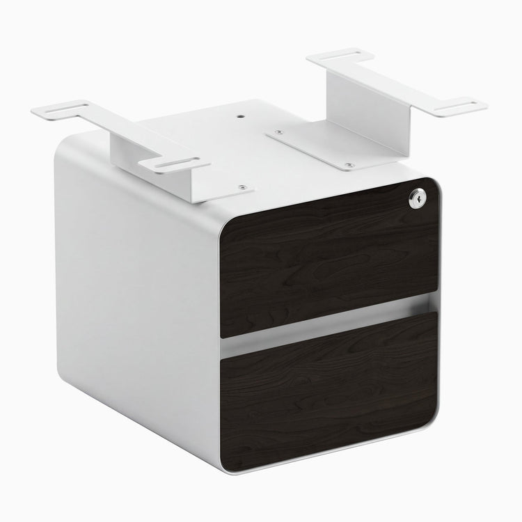 Desky minimal under desk cabinet white frame, burnished wood front