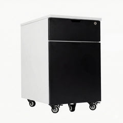 White Desky wooden filing cabinet with black laminate drawers, one lockable, on casters.