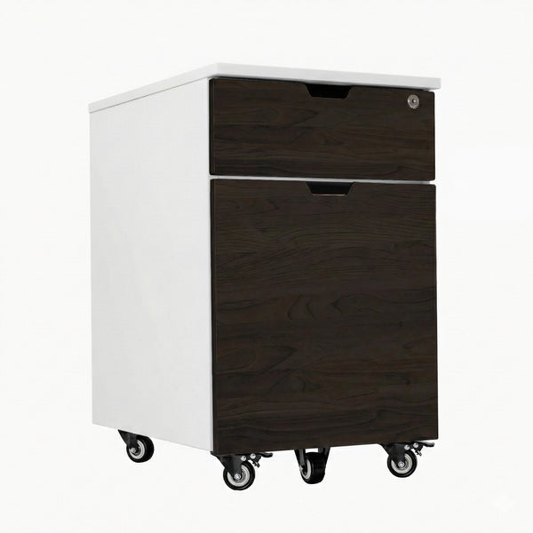 Desky Wooden Minimal Filing Cabinet, White frame, Burnished Wood Laminate