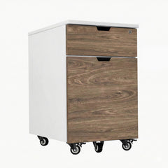 White Desky wooden minimal filing cabinet with natural walnut laminate drawers and casters.