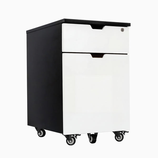 Desky black and laminate white wooden filing cabinet with two drawers and casters.