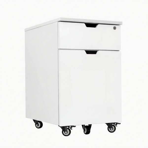 White Desky wooden minimal filing cabinet with one personal drawer, one full-size file drawer, lock, and casters.