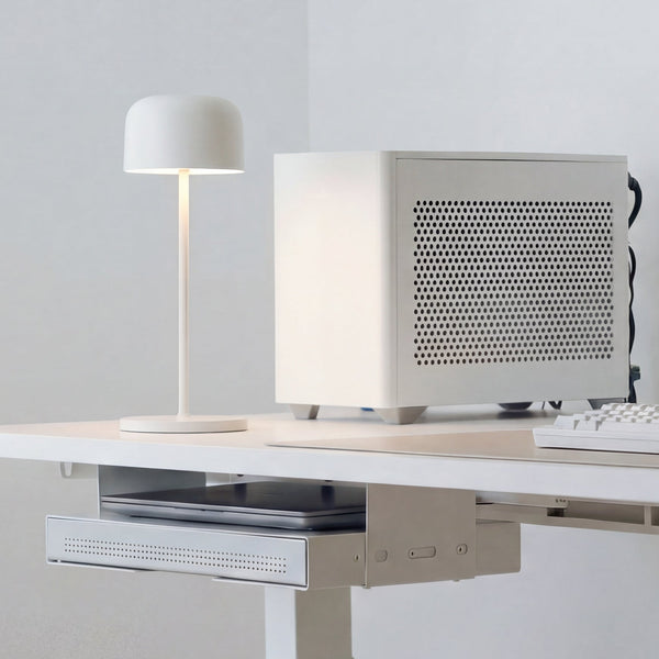 Desky rechargeable cordless lamp in white on top of desk