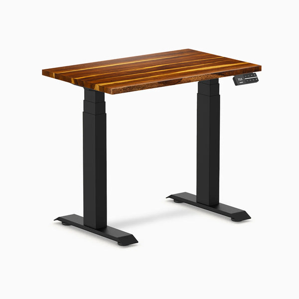 Desky Dual Mini Hardwood Sit Stand Desk, Pheasantwood desktop, Matte Black frame