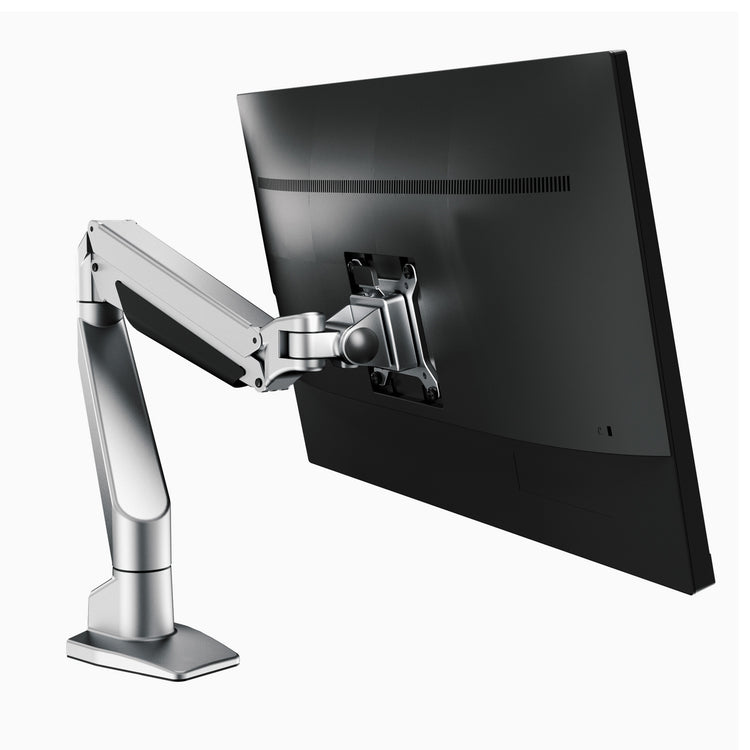 Desky heavy duty single monitor arm in silver with monitor