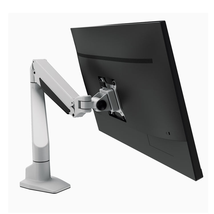 Desky heavy duty single monitor arm in white with monitor