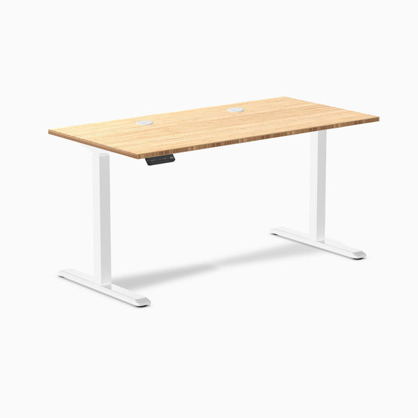 Desky Single Sit Stand Desk, Bamboo desktop, White frame
