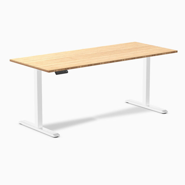 Desky Single Sit Stand Desk, Bamboo desktop, White frame