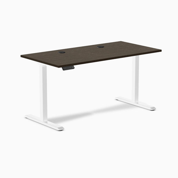 Desky Single Sit Stand Desk, Dark Bamboo desktop, White frame