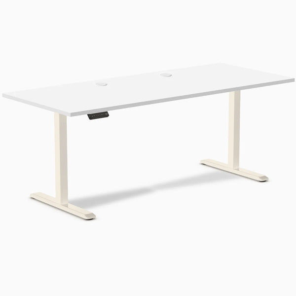 Desky Single Sit Stand Gaming Desk, White desktop, Wheat frame