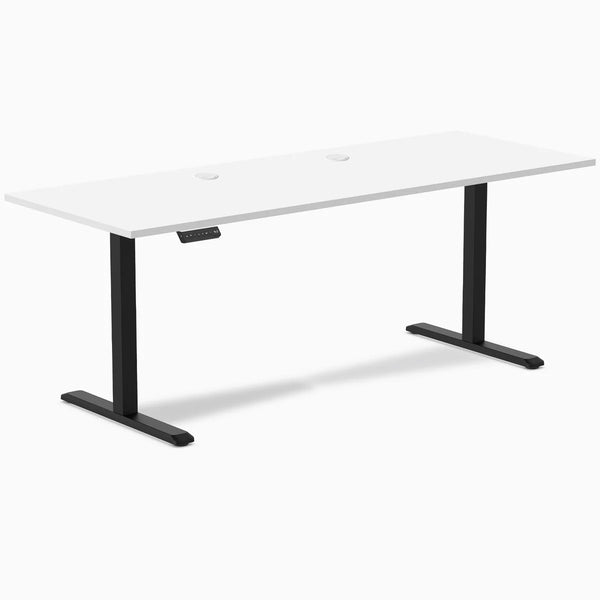Desky Single Sit Stand Desk with white 78.7x29.5 inch top, black frame, and grommets.