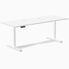 White Desky Single Sit Stand Desk, 78.7x29.5 inches, with two grommets and control panel.