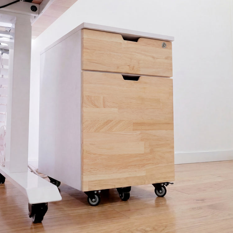 Desky white and natural wood filing cabinet with two drawers, one lockable, on casters.