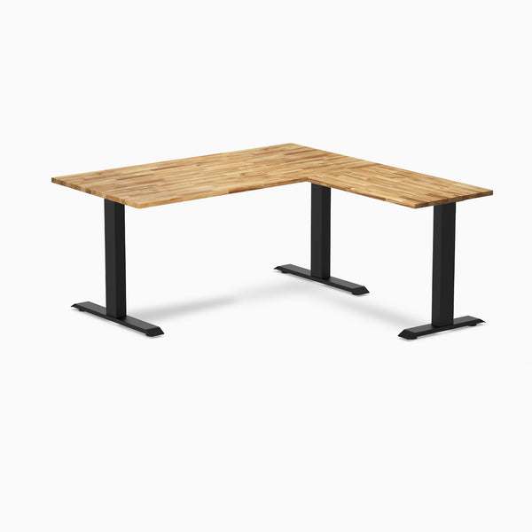 Desky Zero Hardwood L-Shape Office Desk, Acacia desktop, Matte Black frame
