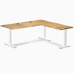 Desky Zero Hardwood L-Shape Office Desk, Acacia desktop, White frame