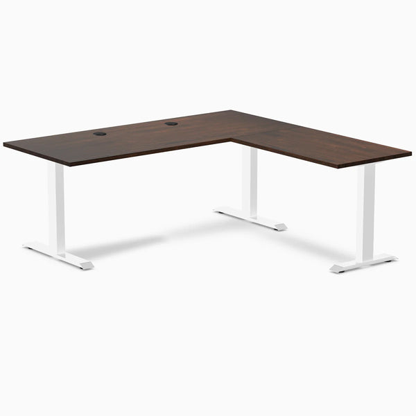 Desky Zero Rubberwood L-Shape Office Desk, Dark Walnut desktop, White frame