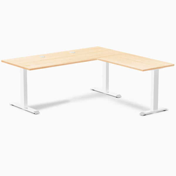 Desky Zero Hardwood L-Shape Office Desk, Maple desktop, White frame