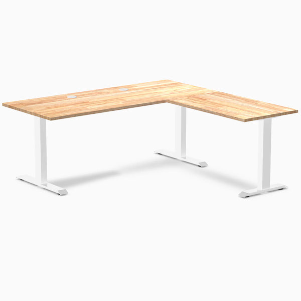 Desky Zero Rubberwood L-Shape Office Desk, Natural Timber desktop, White frame