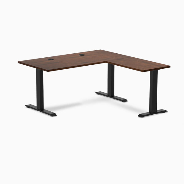 Desky Zero Rubberwood L-Shape Office Desk, Red Walnut desktop, Matte Black frame