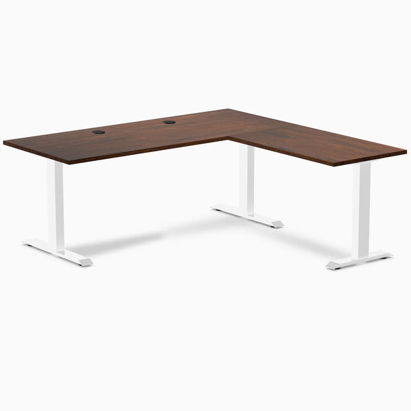 Desky Zero Rubberwood L-Shape Office Desk, Red Walnut desktop, White frame