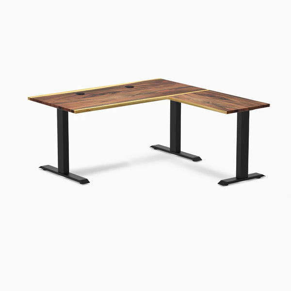 Desky Zero Hardwood L-Shape Office Desk, Saman desktop, Matte Black frame