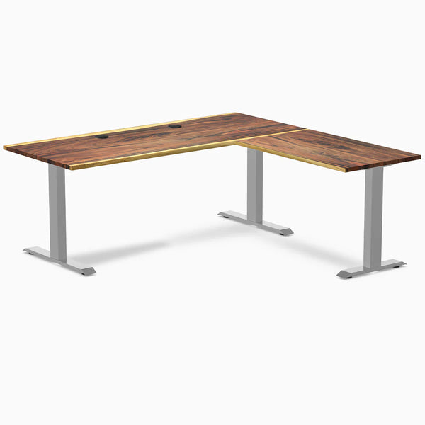 Desky Zero Hardwood L-Shape Office Desk, Saman desktop, Gray frame
