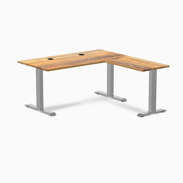 Desky Zero Hardwood L-Shape Office Desk, Teak desktop, Gray frame