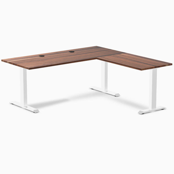 Desky Zero Hardwood L-Shape Office Desk, Walnut desktop, White frame