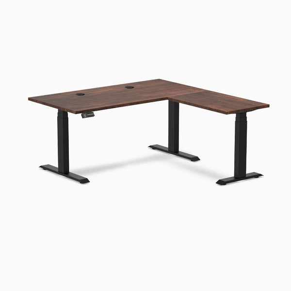 Desky Softwood L-Shape Sit Stand Desk, American Rustic Pine desktop, Matte Black frame