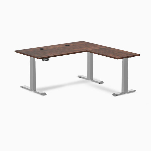 Desky Softwood L-Shape Sit Stand Desk, American Rustic Pine desktop, Gray frame