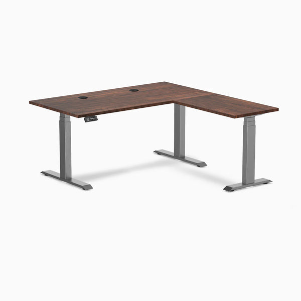 Desky Softwood L-Shape Sit Stand Desk, American Rustic Pine desktop, Space Gray frame