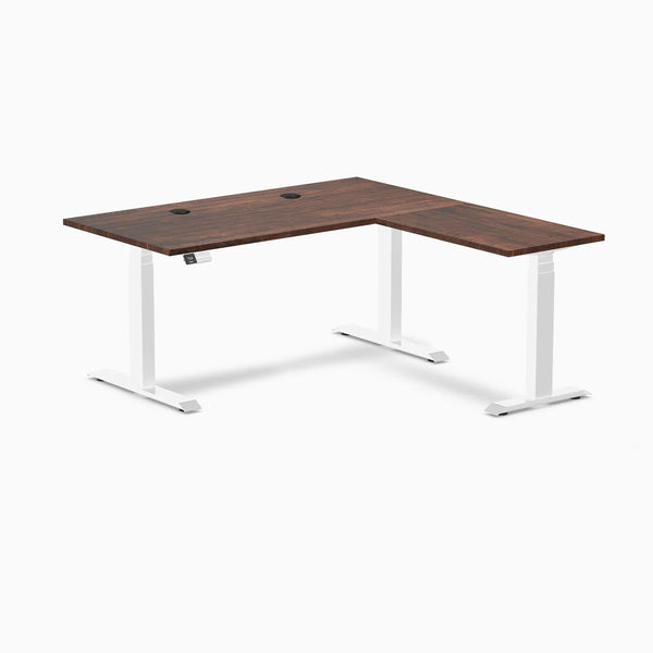 Desky Softwood L-Shape Sit Stand Desk, American Rustic Pine desktop, White frame