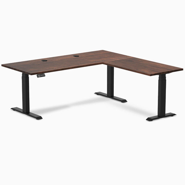 Desky Softwood L-Shape Sit Stand Desk, American Rustic Pine desktop, Matte Black frame