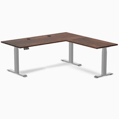Desky Softwood L-Shape Sit Stand Desk, American Rustic Pine desktop, Gray frame