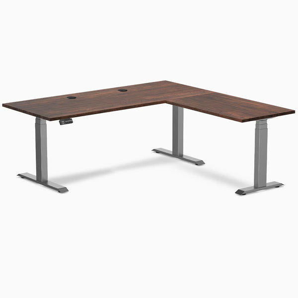 Desky Softwood L-Shape Sit Stand Desk, American Rustic Pine desktop, Space Gray frame
