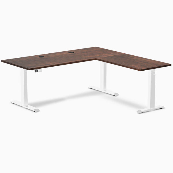 Desky Softwood L-Shape Sit Stand Desk, American Rustic Pine desktop, White frame