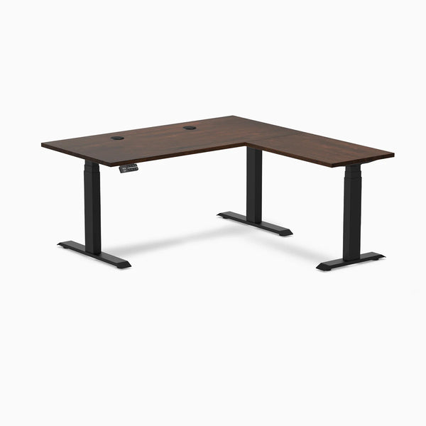 Desky Rubberwood L-Shape Sit Stand Desk, Dark Walnut desktop, Matte Black frame